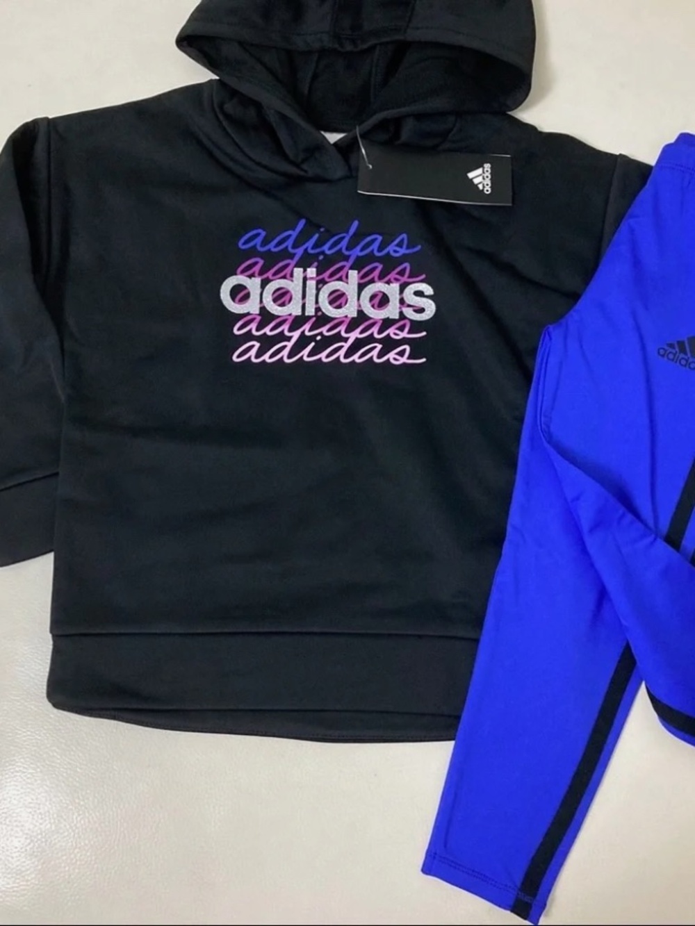Adidas girl Printed Tricot Hoodie and legging set sparkly pink and purple 4040 - Picture 1 of 7